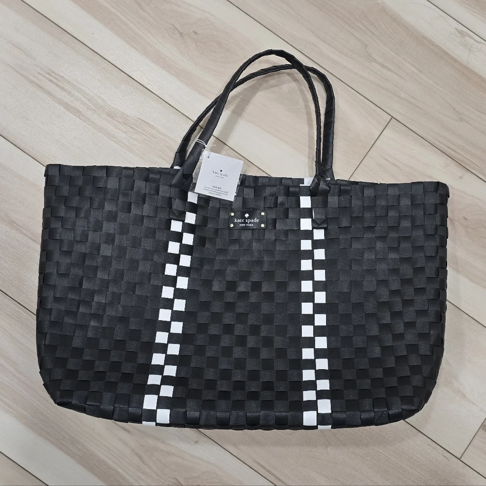 Kate Spade-Black+White Basket Weave-Woven Tote Beach Bag/Shopping/Travel